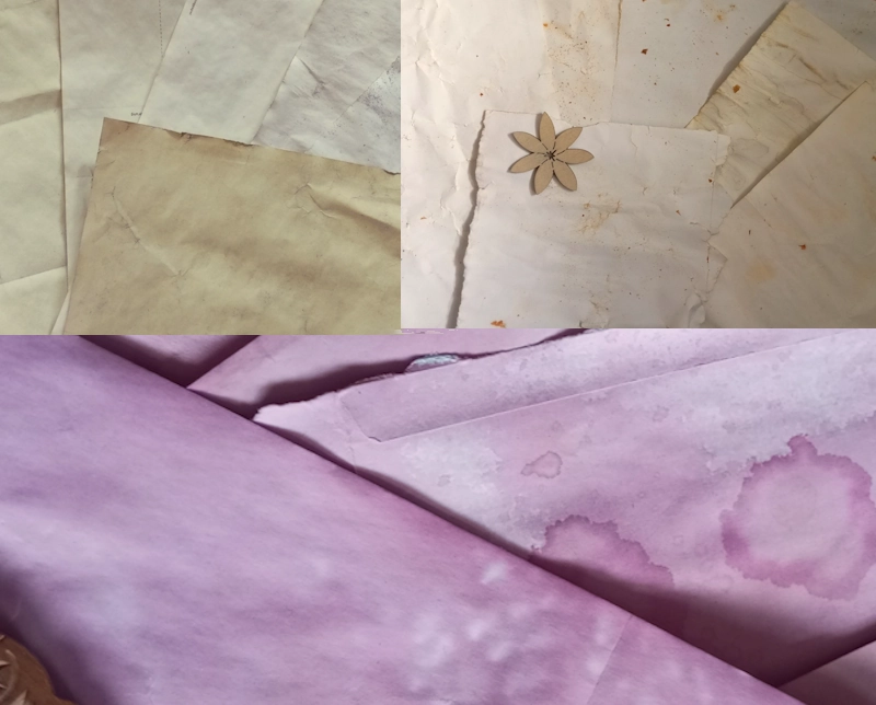 selbst gefärbte Papiere - welche, die mit Brennnesseln gefärbt sind, welche mit Karottenschalen und die letzten wurden mit roter Beete gefärbt.