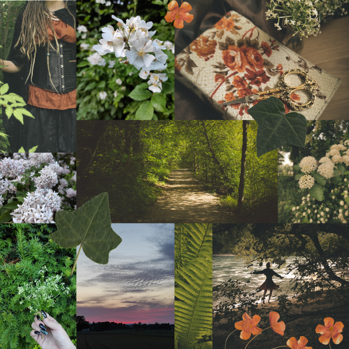 Moodboar mit viel Grün, Bilder der Natur und mit einem Cottagecore-Vibe.