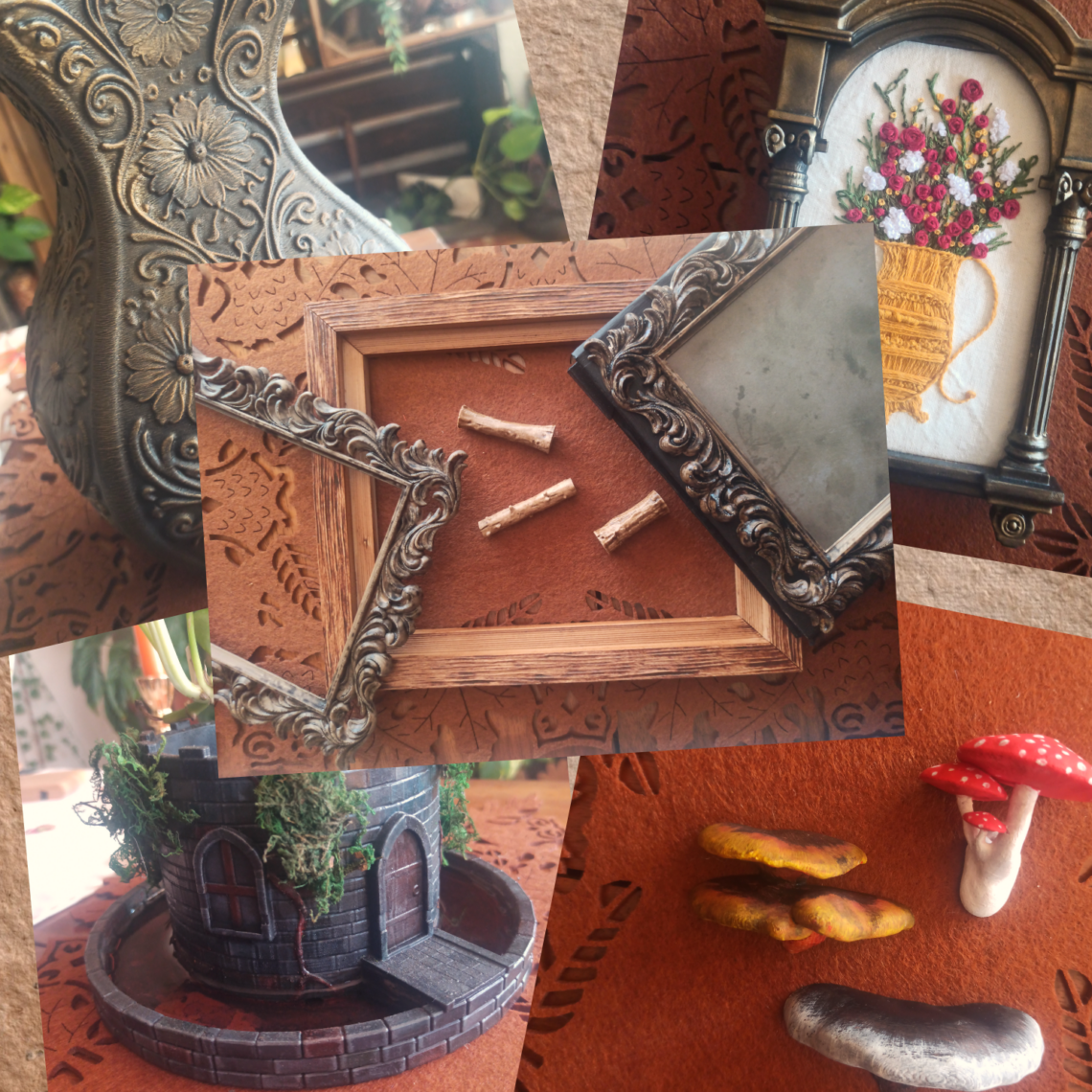 Collage aus selbst bemalten 3D-Drucken (Bilderrahmen, Blumentopf, Pilz-Magnete, Kugelständer etc.)