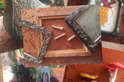 Collage aus selbst bemalten 3D-Drucken (Bilderrahmen, Blumentopf, Pilz-Magnete, Kugelständer etc.)